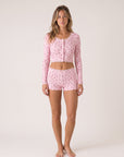 Fleurette Sleep Set, floral-print sleep set with a long-sleeve top and lace-trim shorts