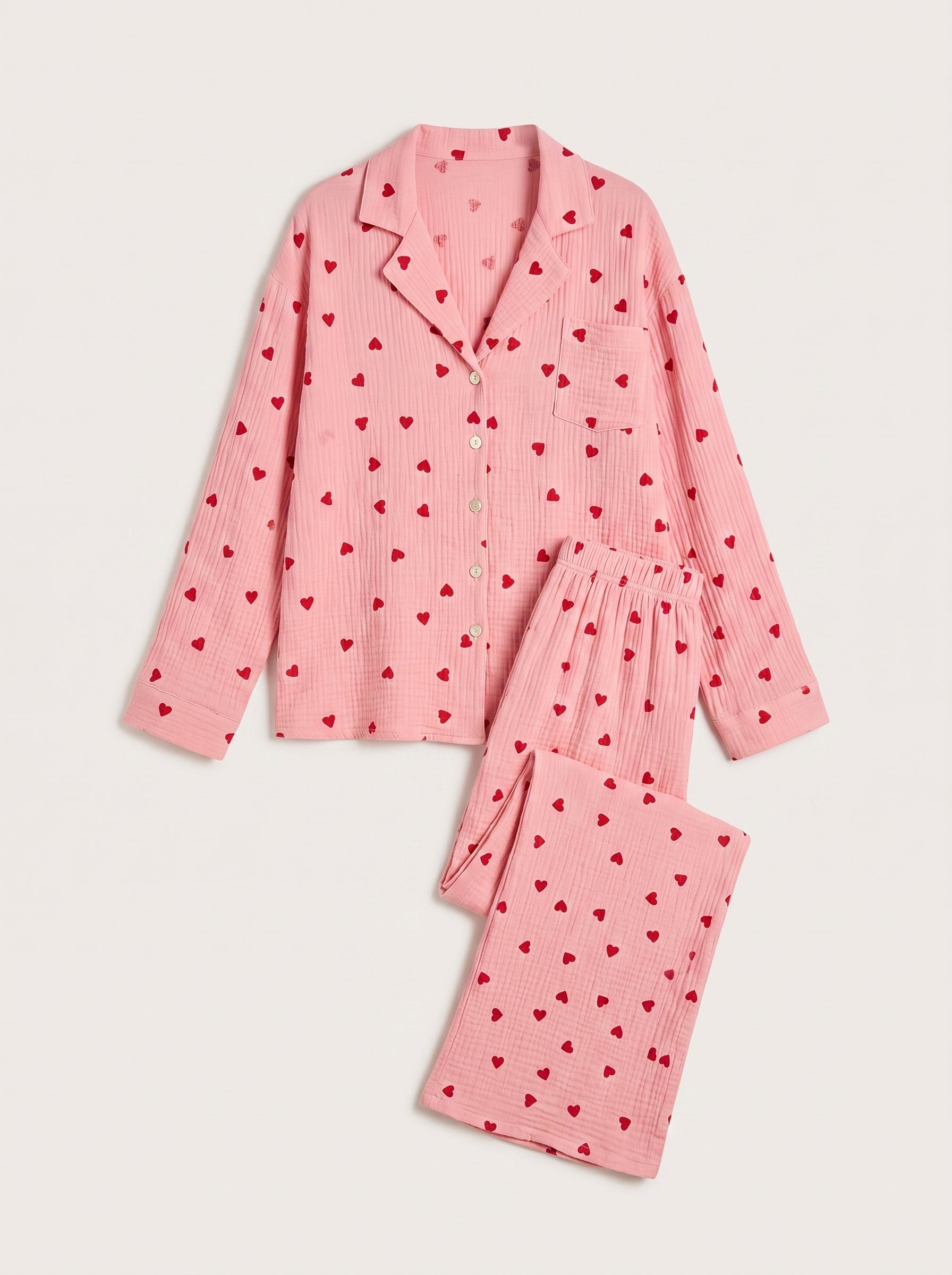 Amour Button-Up Set, heart-print pyjama set with a long-sleeve button-up top and matching trousers