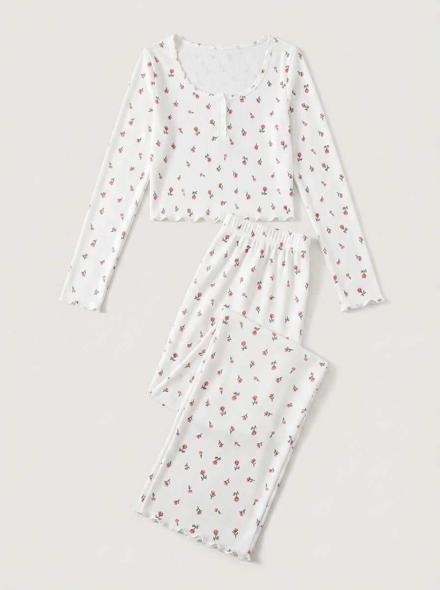 Camille Lounge Set, floral-print lounge set with a fitted long-sleeve top and matching trousers