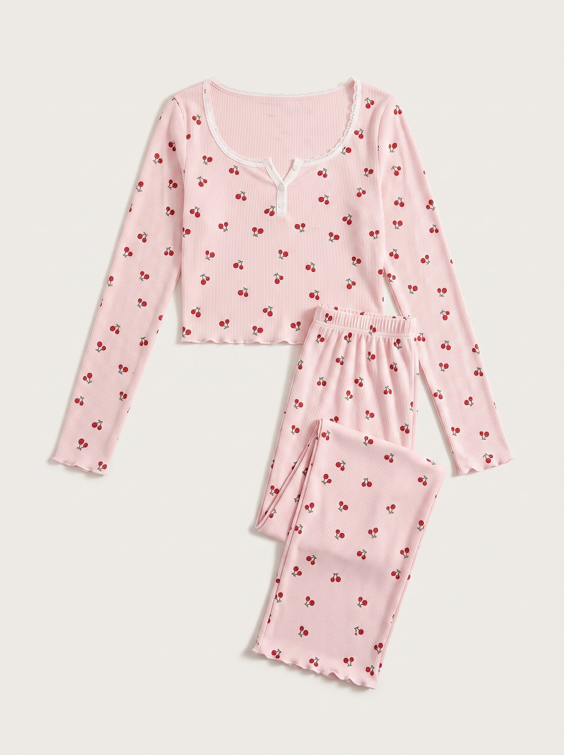 Cerise Lounge Set, cherry-print lounge set with a long-sleeve henley top and matching trousers